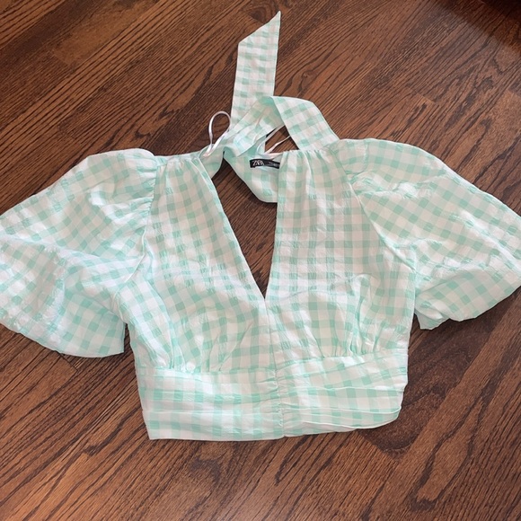 Zara Turquoise Textured Gingham Tie Top Puff Sleeve Open Back V Crop Top - Picture 4 of 4
